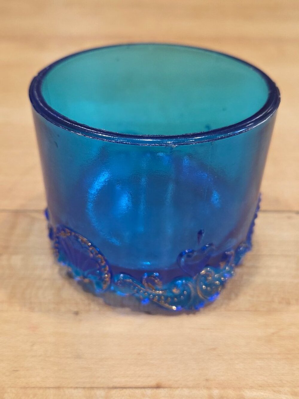 Vintage L G Wright Blue Glass Jeweled Heart Toothpick Holder Cup